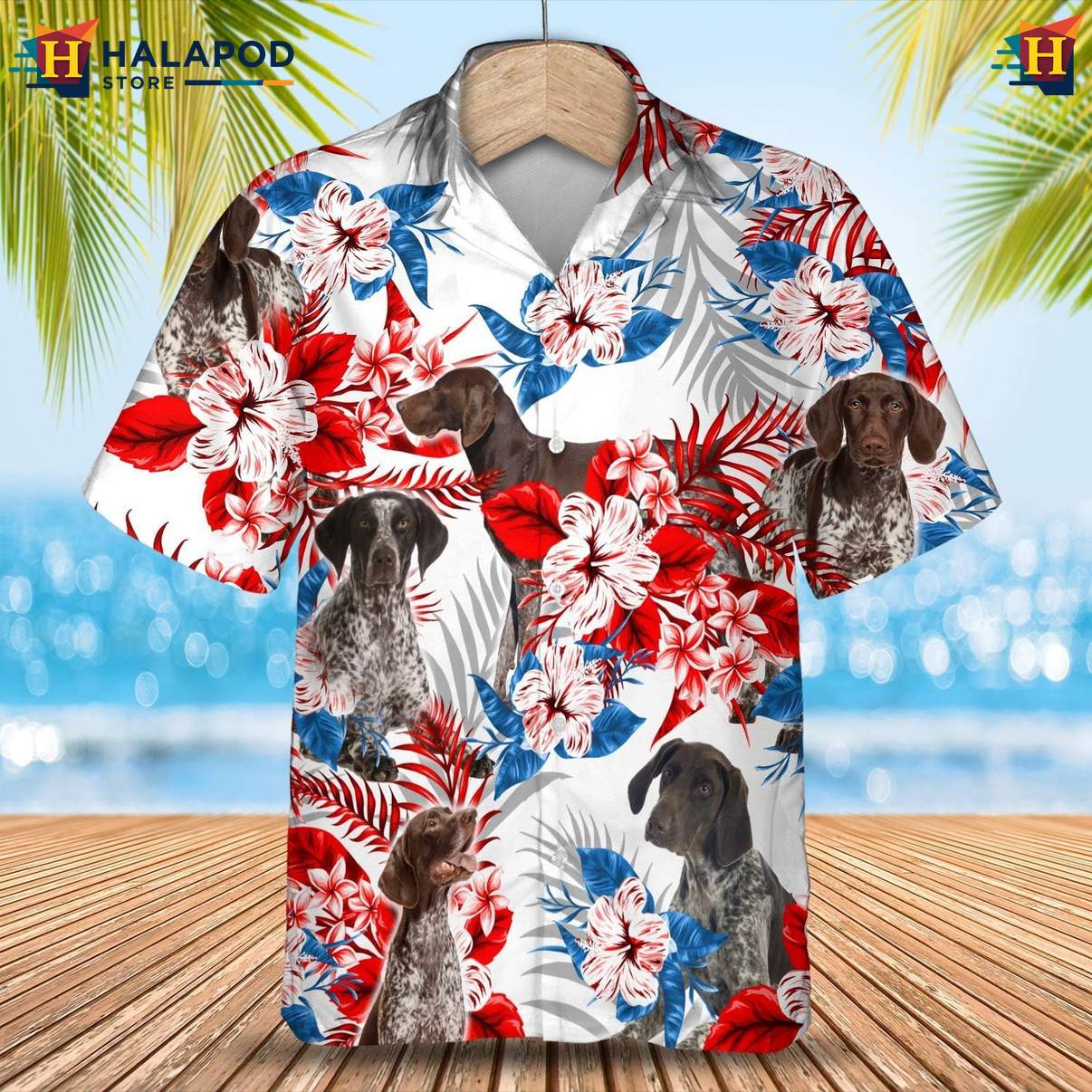 German Shorthaired Pointer Short-sleeve button-up shirt Tropical Leaf Aloha Button Down
