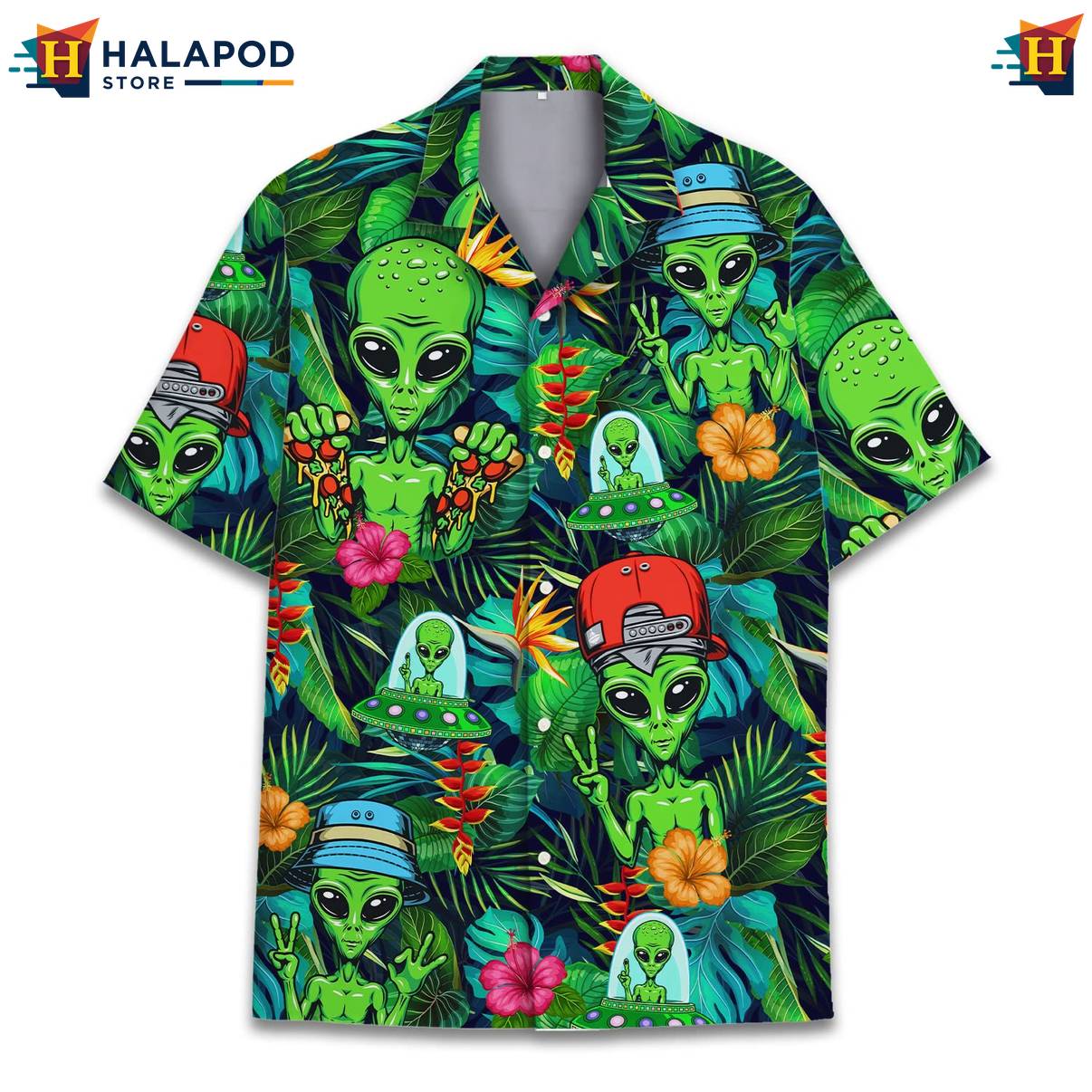 Green Alien Funny Hawaiian Shirt UFO Short Sleeve Button Down Summer Tops