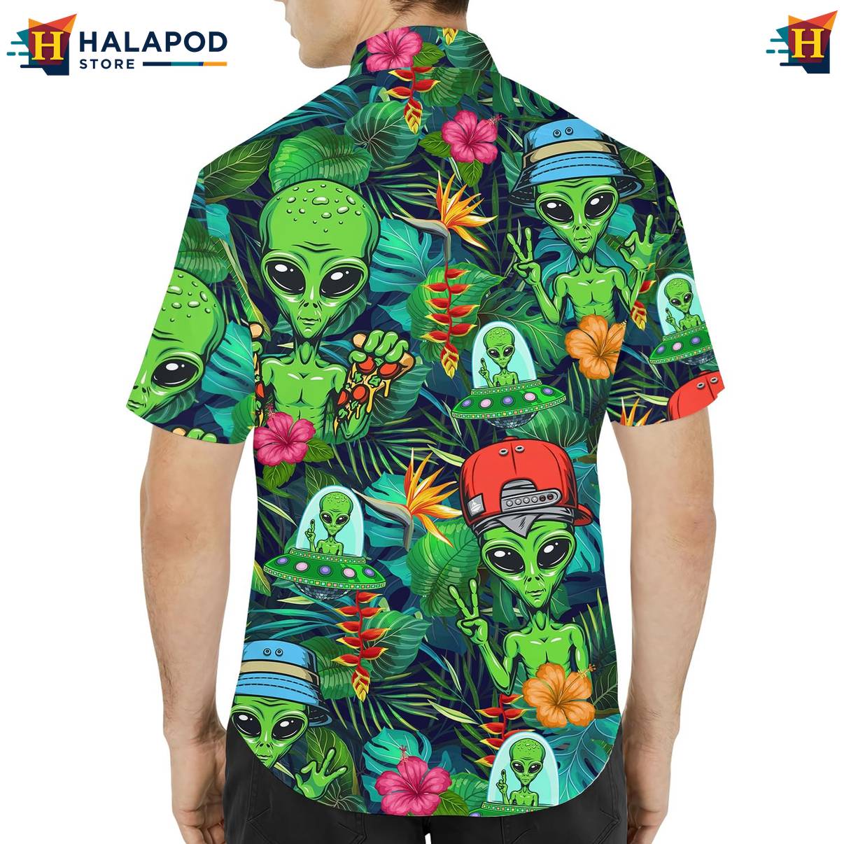 Green Alien Funny Short-sleeve button-up shirt UFO Short Sleeve Button Down Summer Tops