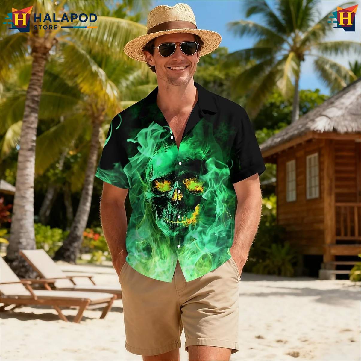Green Flame Skull Tropical Short-sleeve button-up shirt Short Sleeve Floral Beach Tops