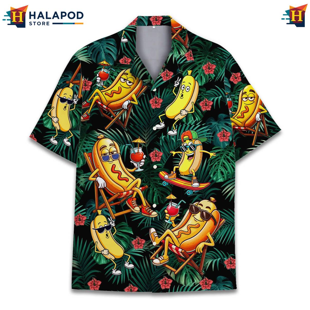 Green Hot Dog Funny Hawaiian Shirt Alien UFO Short Sleeve Button Down Mens