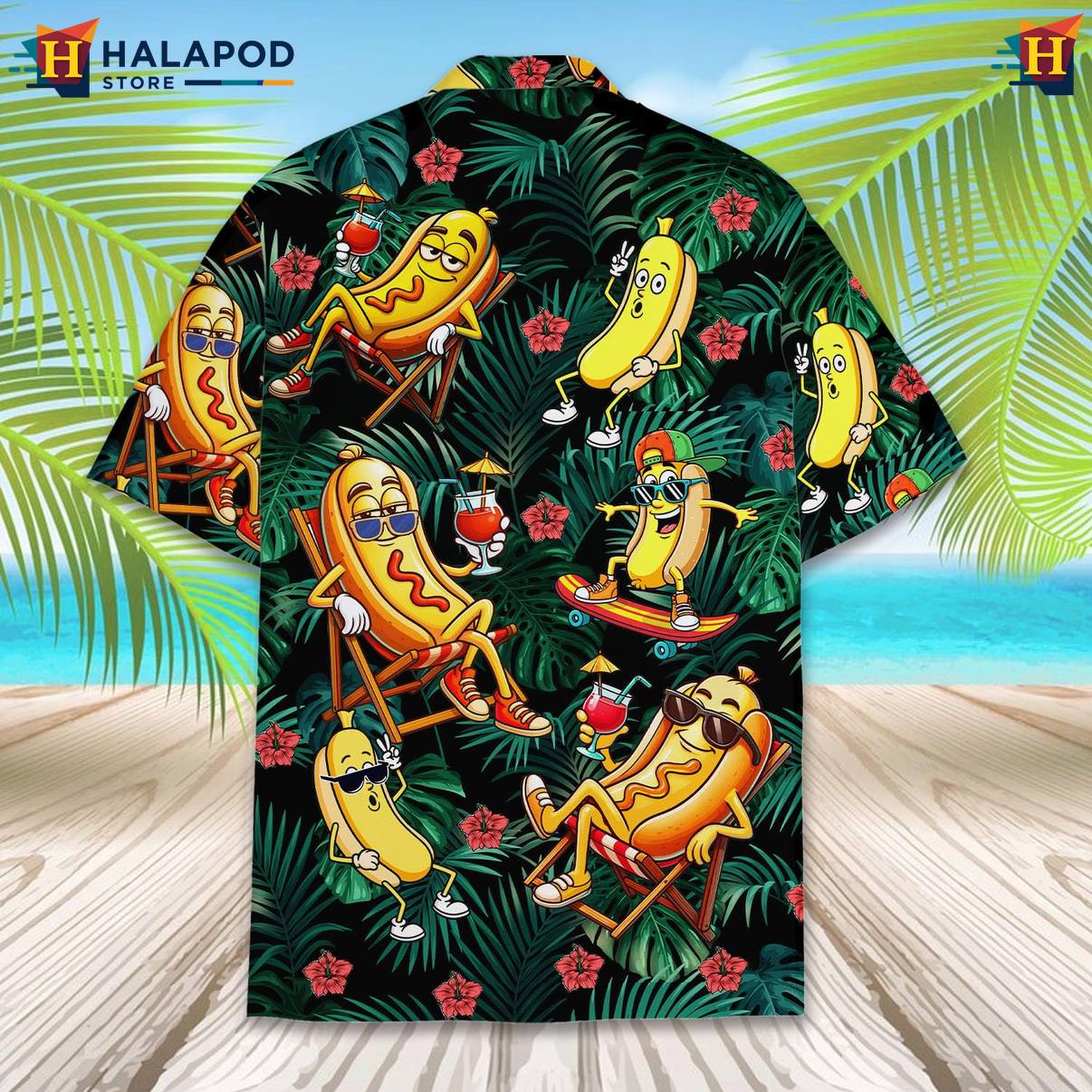 Green Hot Dog Funny Tropical Shirt Alien UFO Short Sleeve Button Down Mens