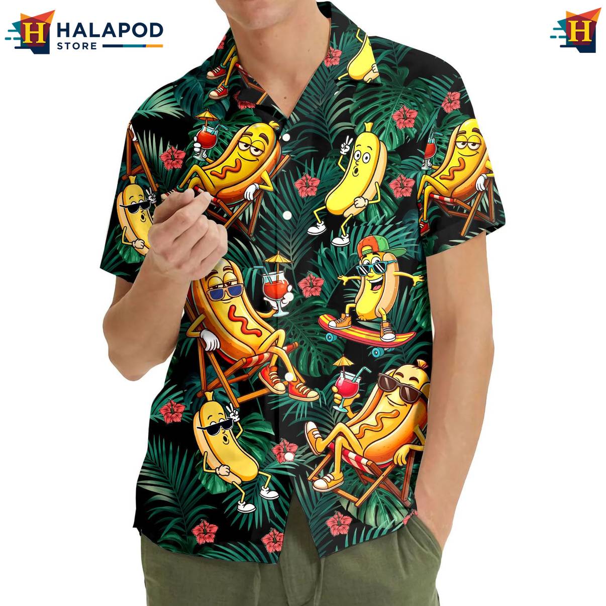 Green Hot Dog Funny Aloha Shirt Alien UFO Short Sleeve Button Down Mens
