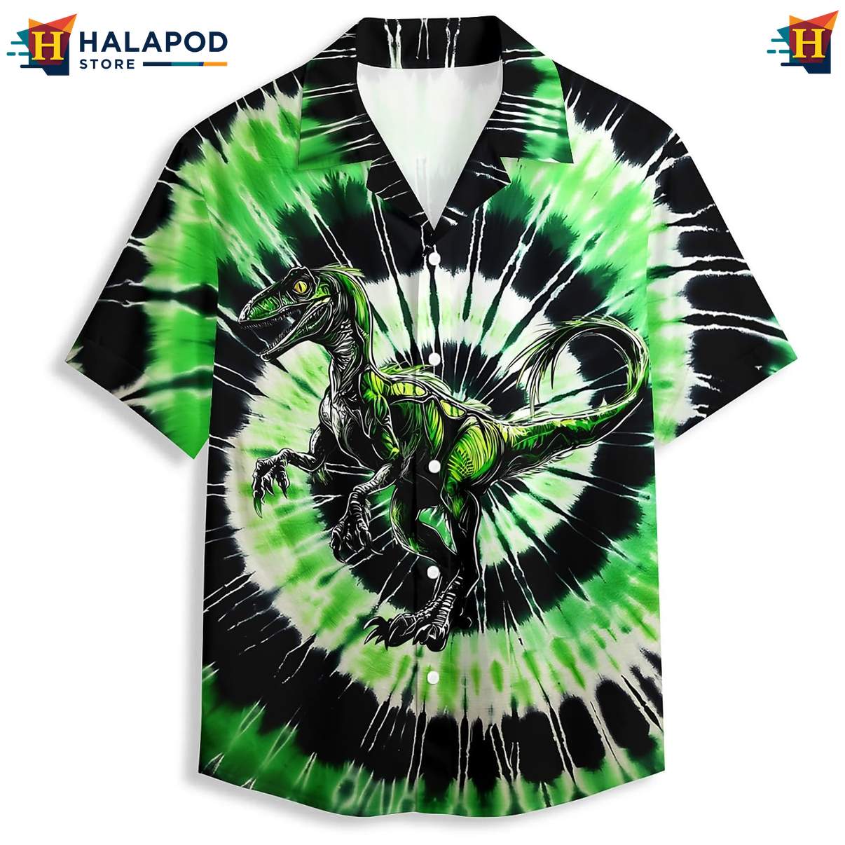 Green Tie Dye Dinosaur Hawaiian Shirt Tropical Short Sleeve Button Down