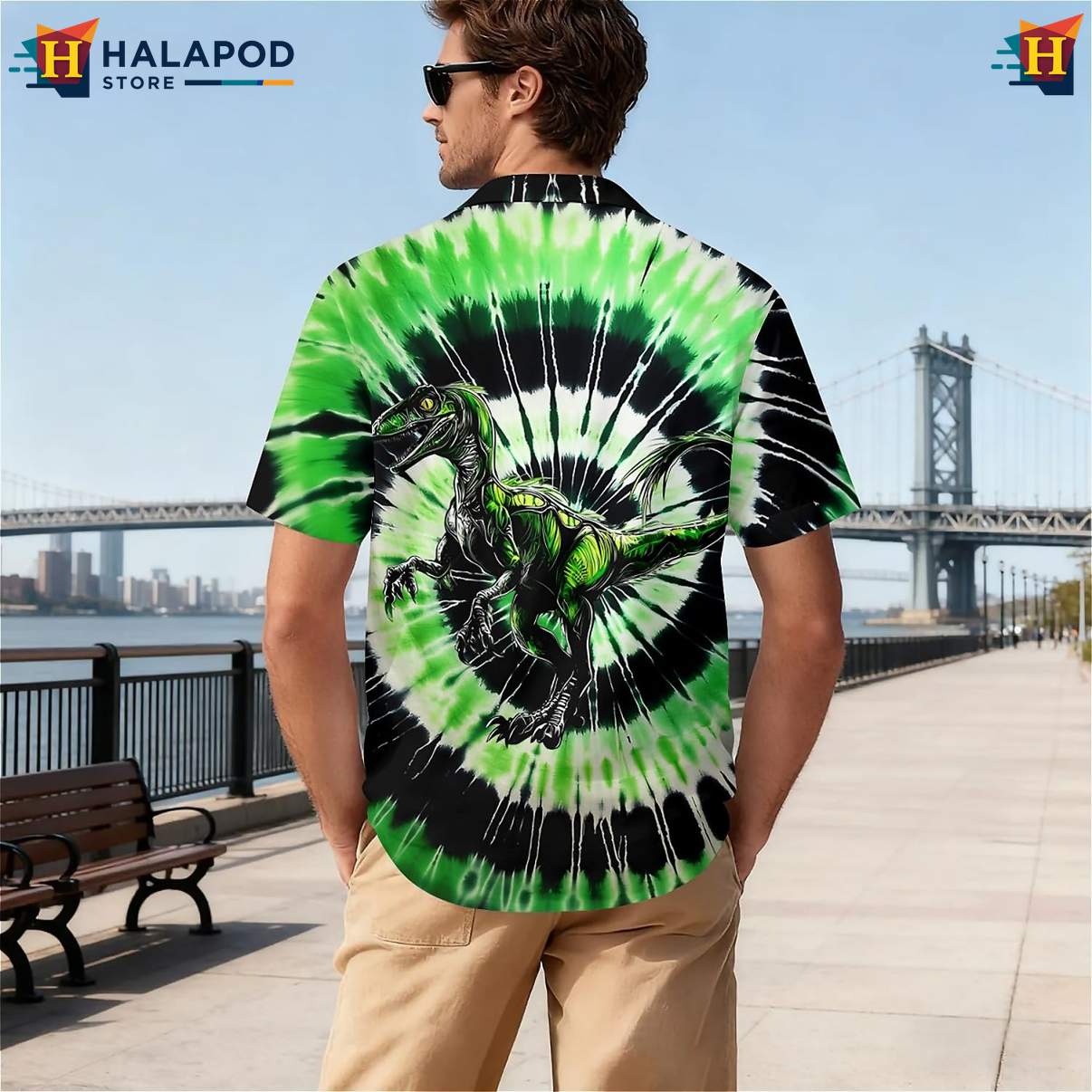 Green Tie Dye Dinosaur Tropical Shirt Tropical Short Sleeve Button Down