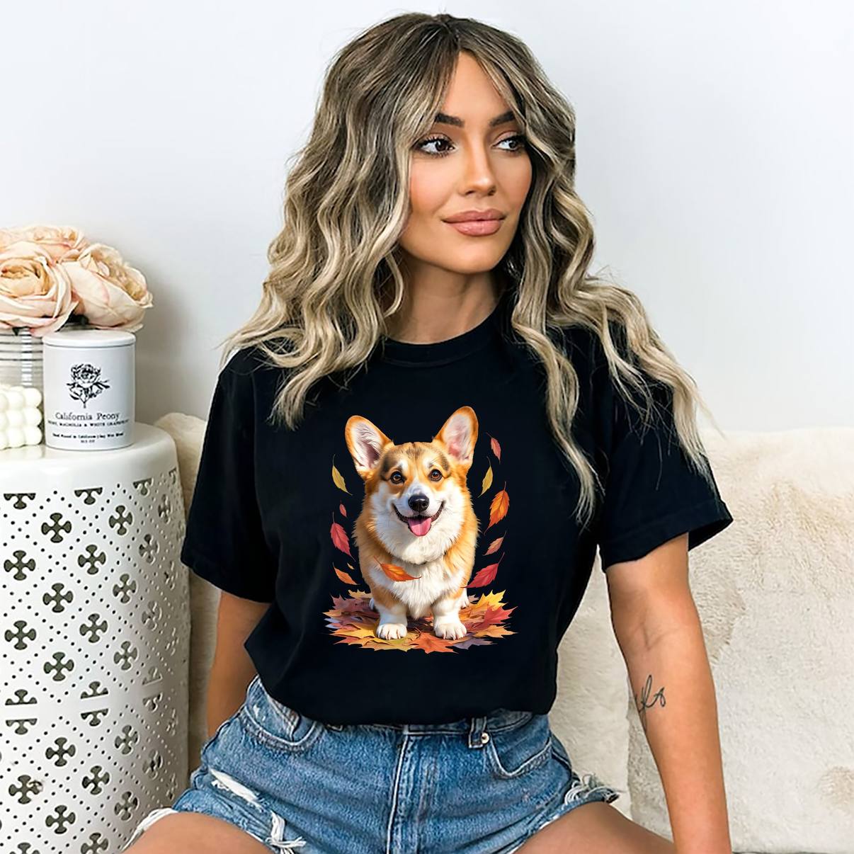 Happy Corgi With Autumn Leaves Shirt Design For Dog Lovers Graphic Mens