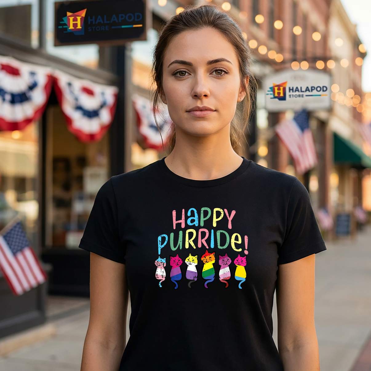 Happy Purride LGBT Flag Tee Shirt Cats Cute Pride Month Funny Graphic Design Mens