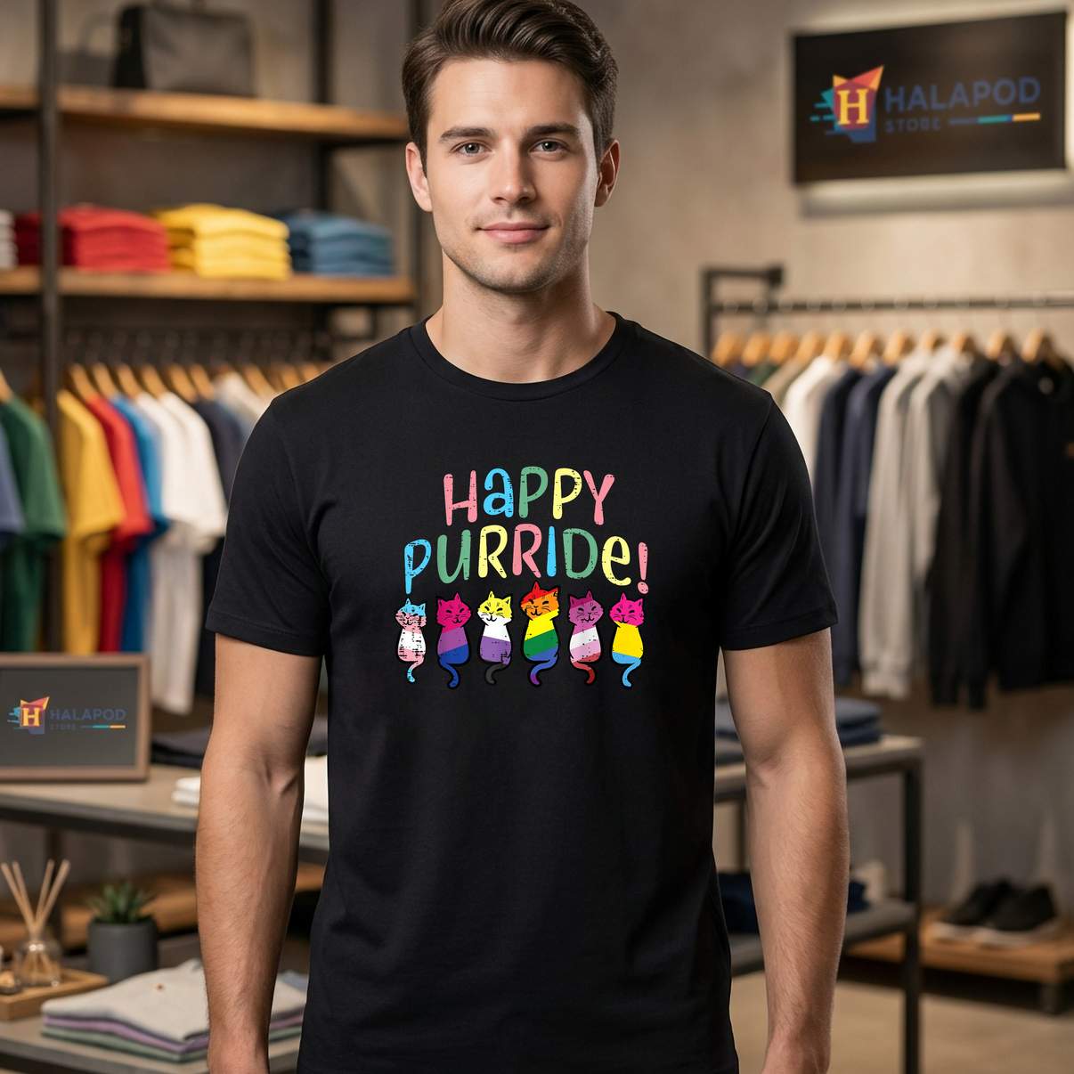 Happy Purride LGBT Flag TShirt Cats Cute Pride Month Funny Graphic Design Mens