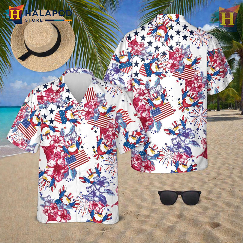 Hawaiian Button Up Shirt with Eagle and Floral Art for Bold Independence Style