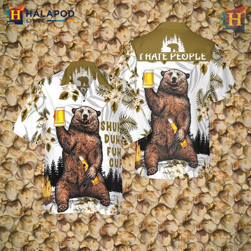 Hawaiian Outfit For Family Featuring Bear Drinks Beer I Hate People Humor
