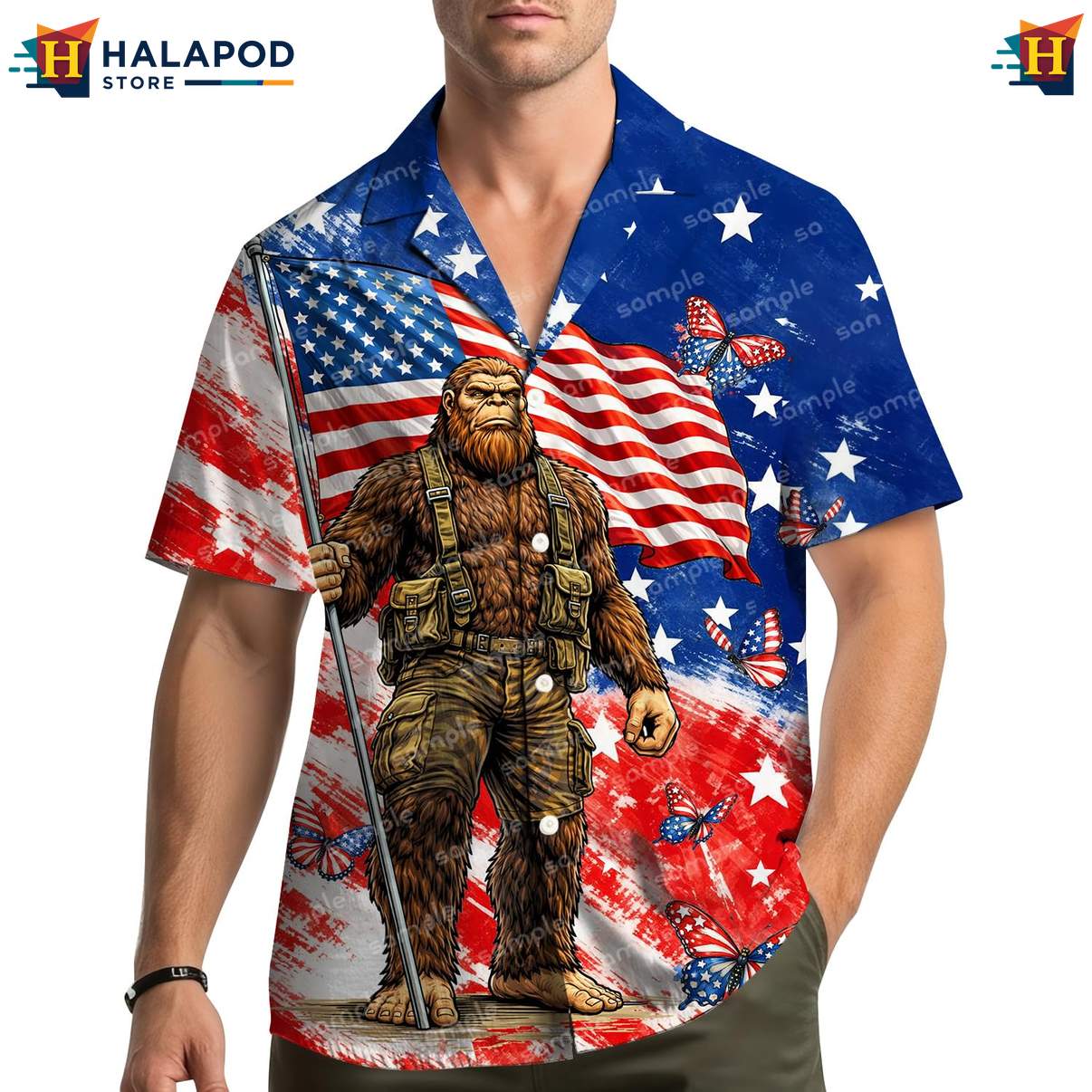Humorous Bigfoot Hawaiian Shirt, Usa Flag Design For 4th Of July Celebrations