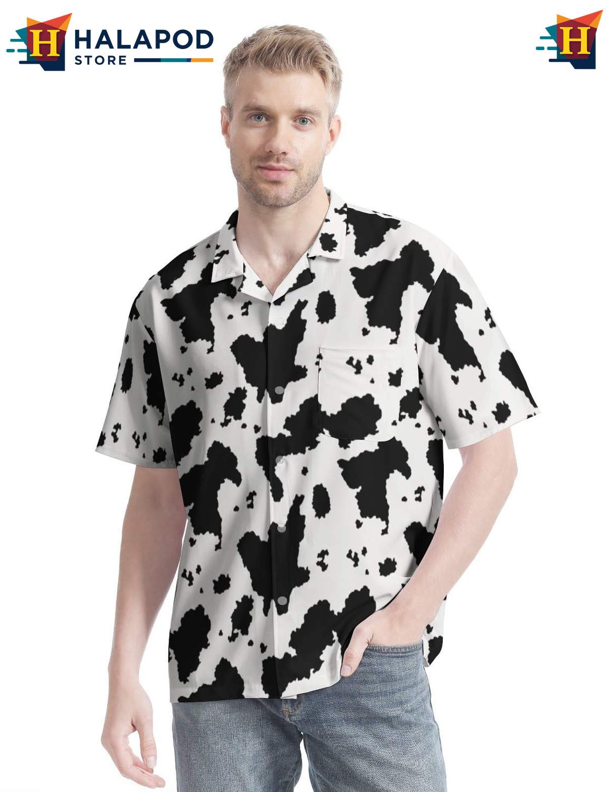 Humorous Cow Short-sleeve button-up shirt, Black And White Button Up Tropical Shirt For Casual Wear