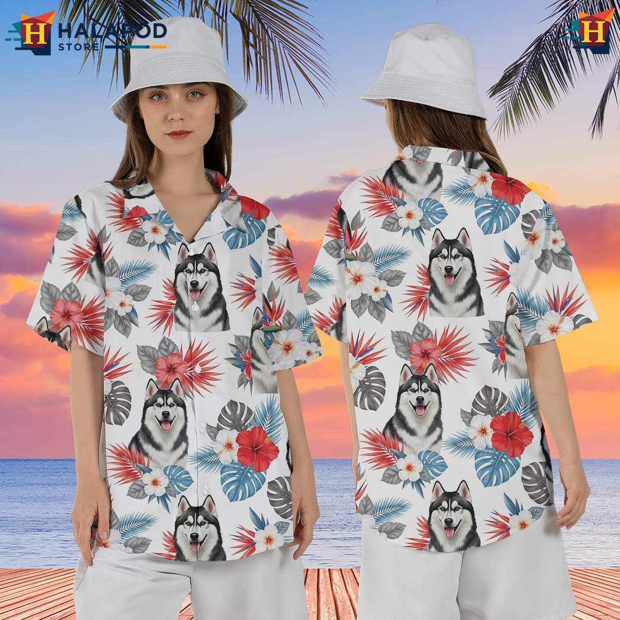 Husky Dog Casual Aloha Beach T-Shirt Mens Hawaiian Lovers Short Sleeve Top