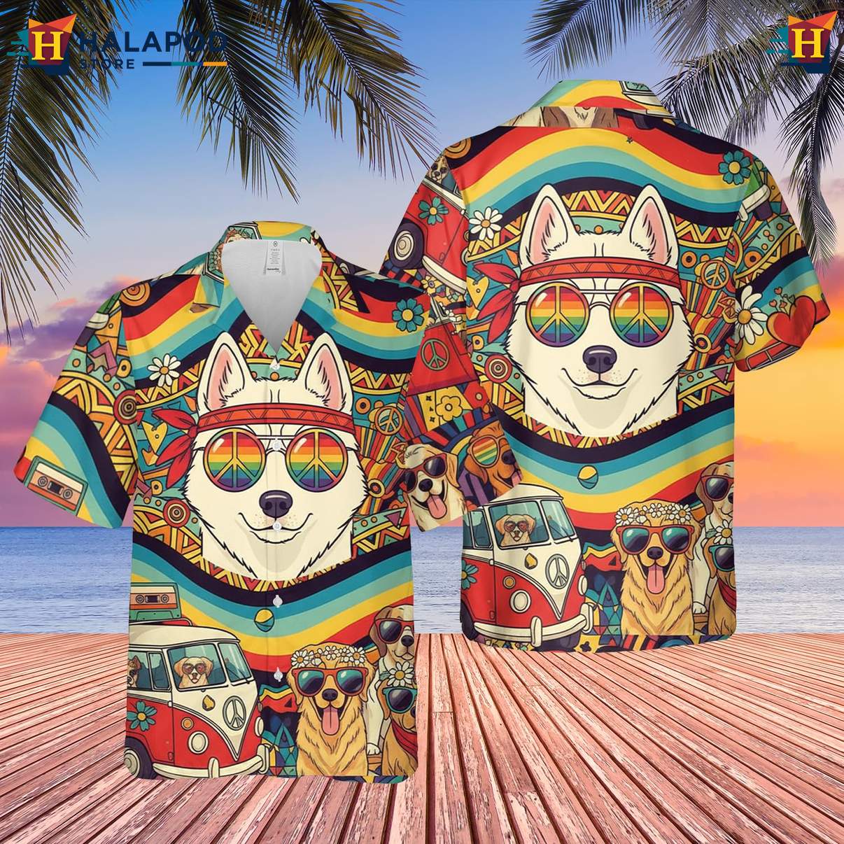 Husky Dog Lover Aloha Beach Tee Shirt Hawaiian Short Sleeve Button Down Tops