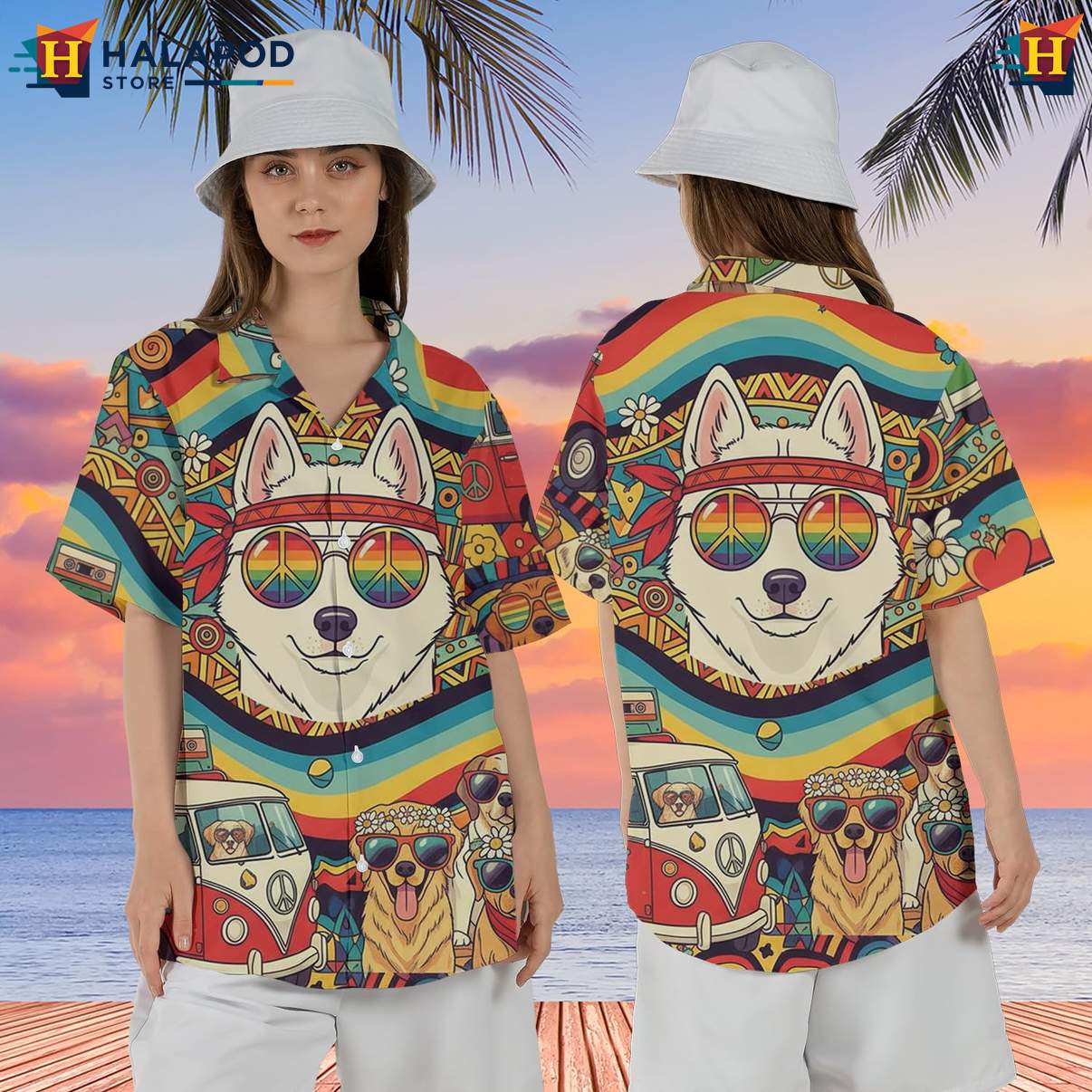 Husky Dog Lover Aloha Beach T-Shirt Hawaiian Short Sleeve Button Down Tops