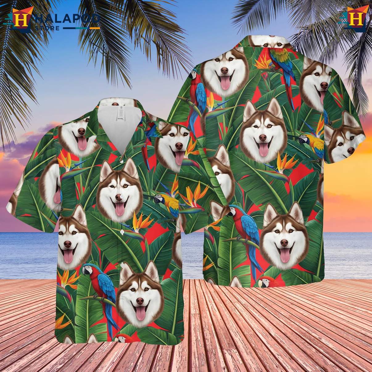 Husky Dog Lovers Tropical Shirt Mens Short Sleeve Button Down Beachwear