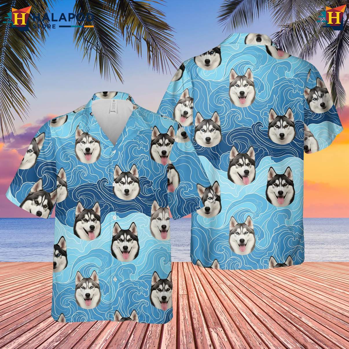 Husky Dog Lovers Tropical Aloha Tee Shirt Short Sleeve Button Down For Mens