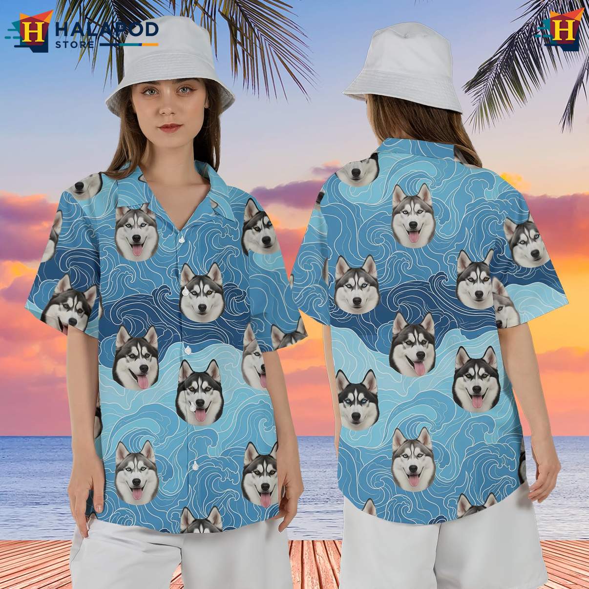 Husky Dog Lovers Tropical Aloha T-Shirt Short Sleeve Button Down For Mens