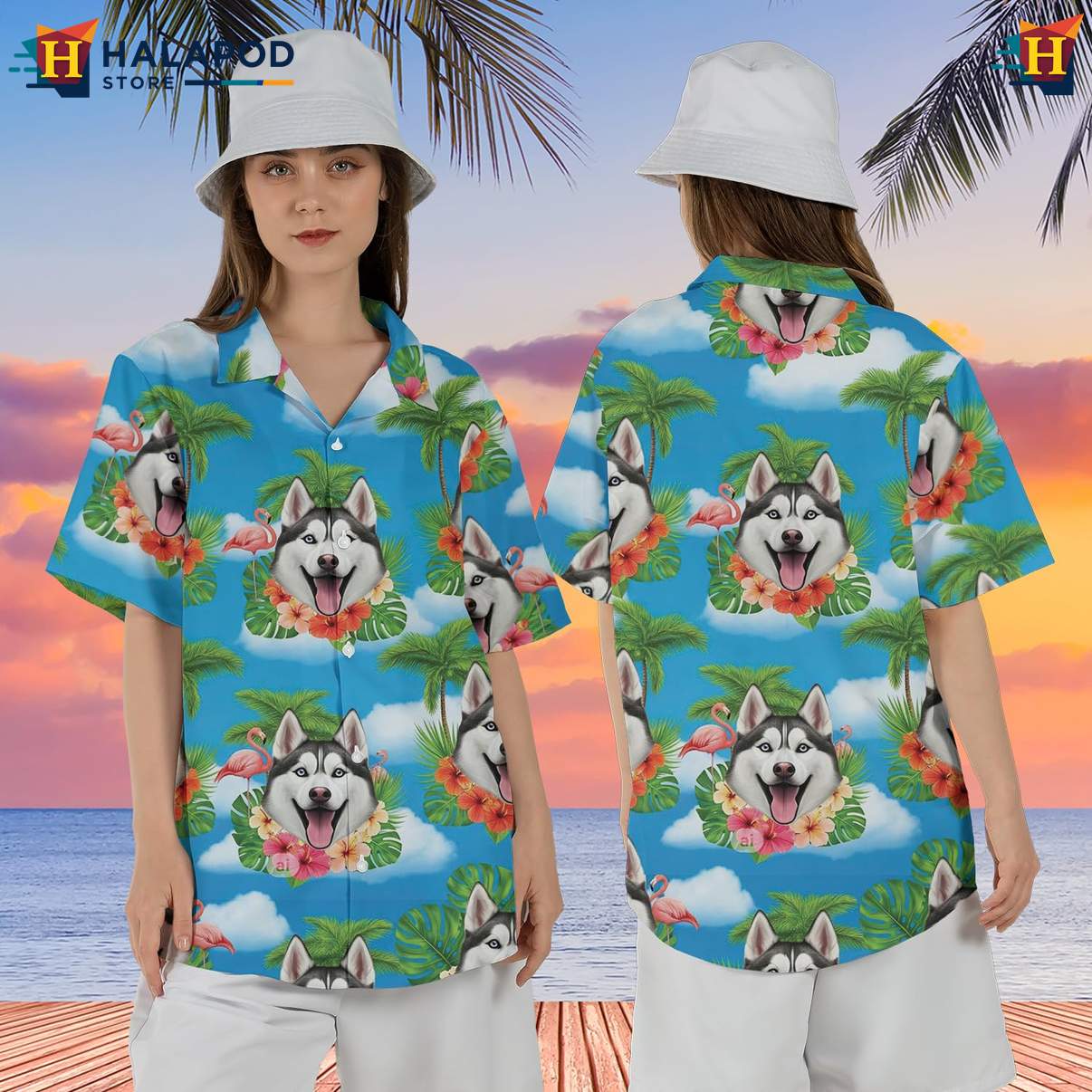 Husky Dog Lovers Tropical Beach T-Shirt Hawaiian Short Sleeve Button Down