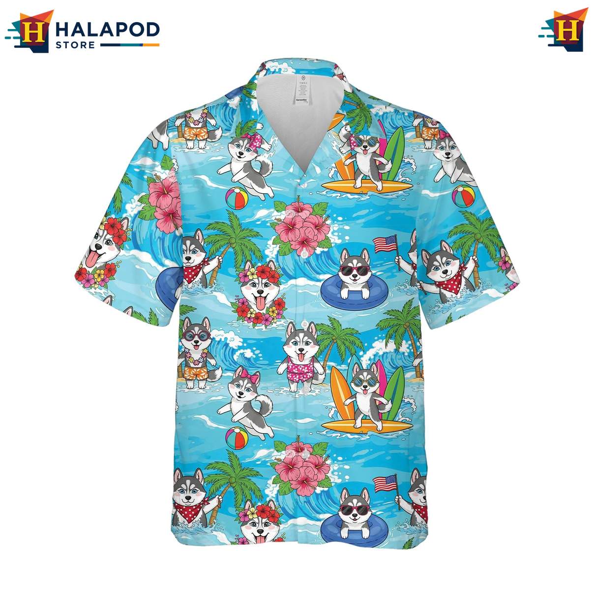 Husky Lovers Tropical Hawaiian Shirt Mens Short Sleeve Casual Button Down