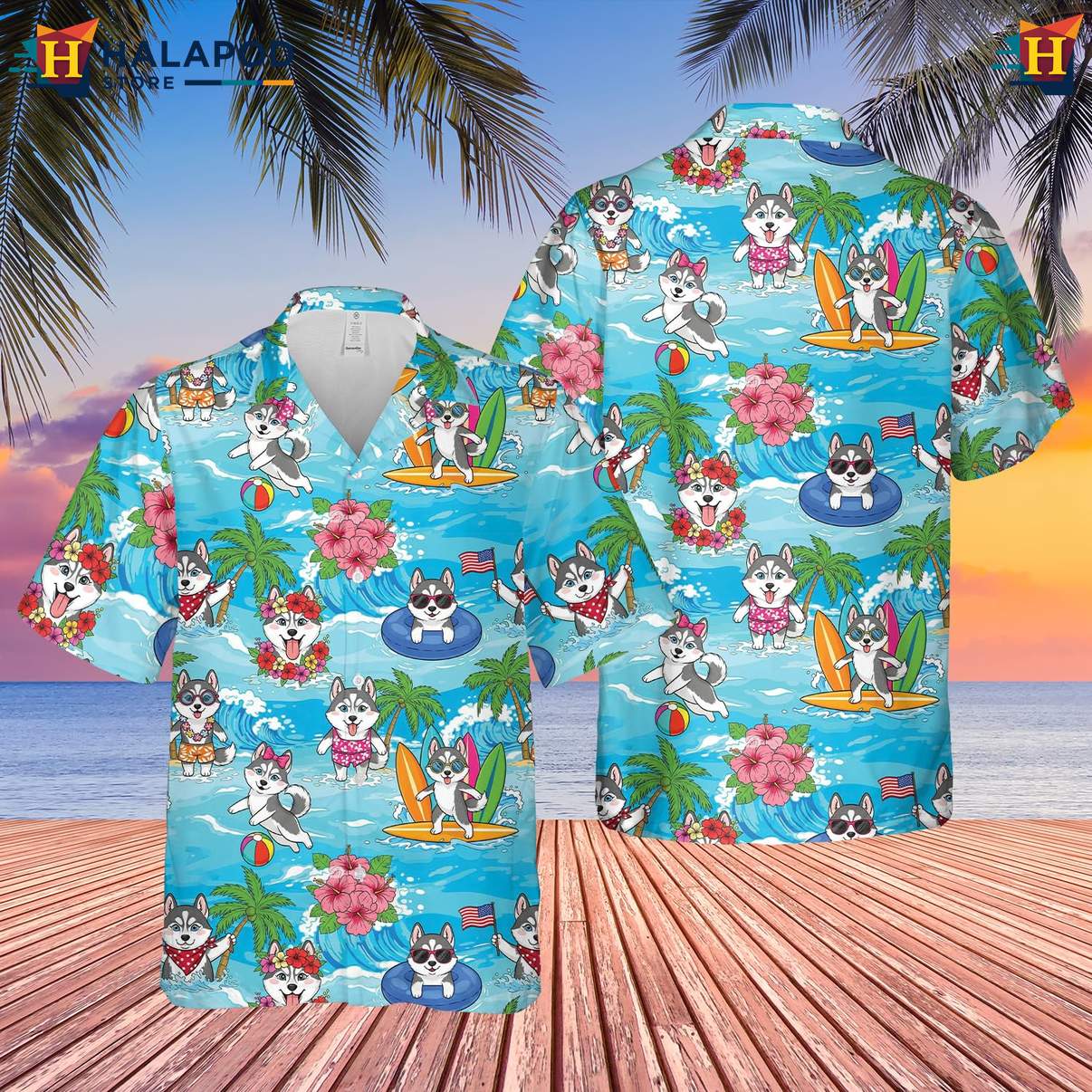Husky Lovers Tropical Short-sleeve button-up shirt Mens Short Sleeve Casual Button Down