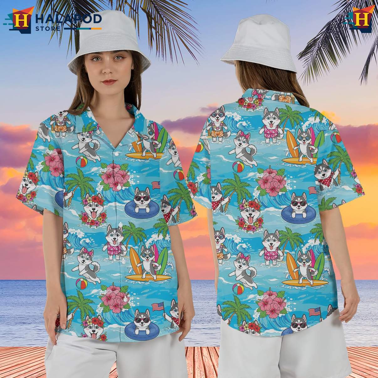 Husky Lovers Tropical Tropical Shirt Mens Short Sleeve Casual Button Down