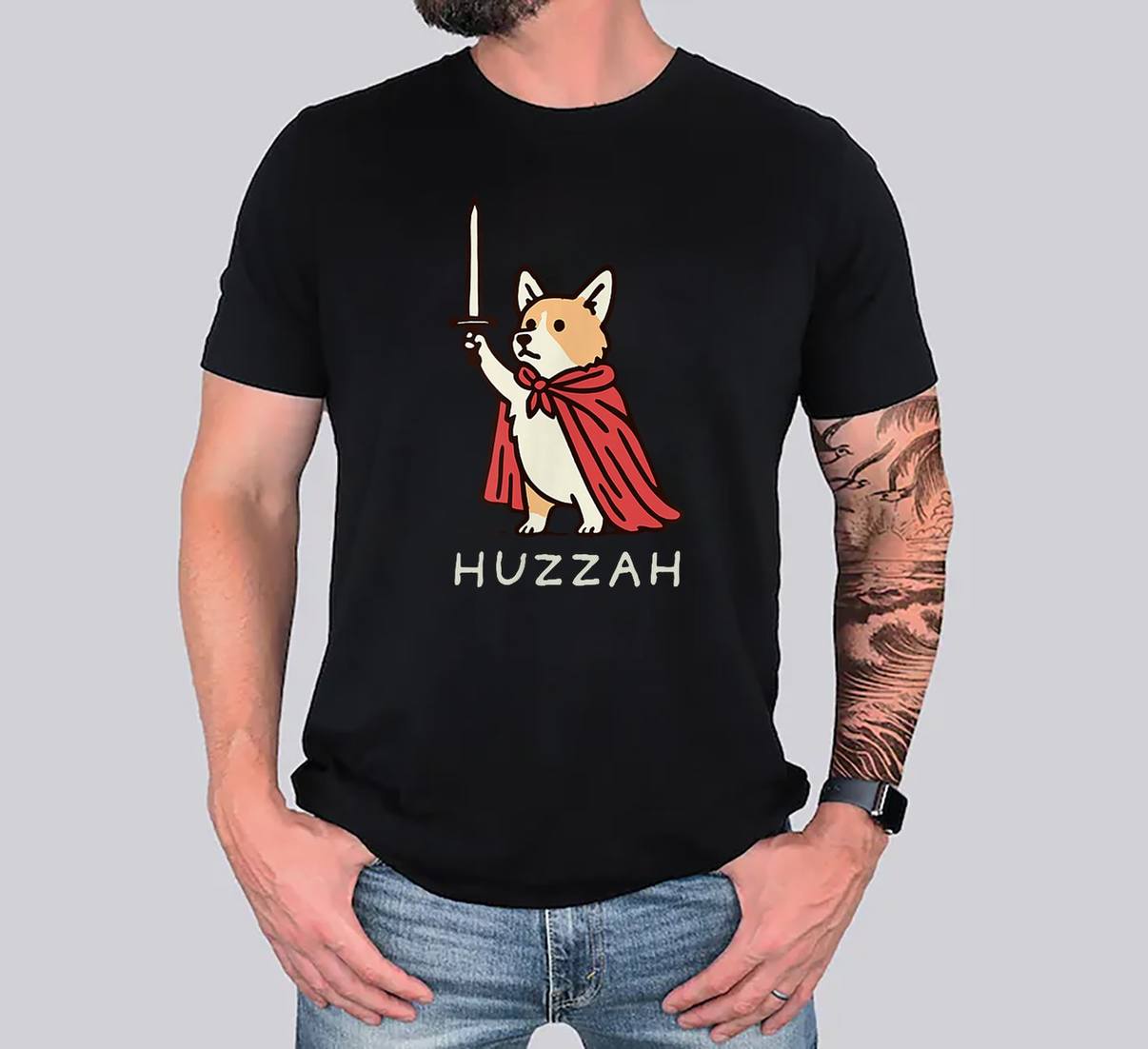 Huzzah Funny Medieval Corgi T-Shirt Knight Sword Meme Quote Graphic Mens