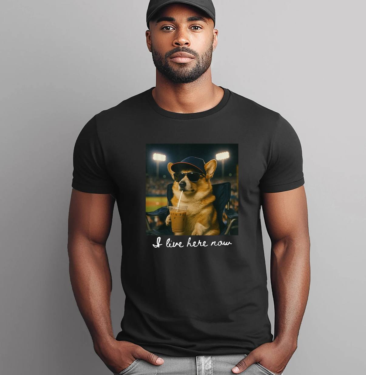 I Live Here Now Corgi Mom Shirt Baseball Mama Ice Coffee Funny Dog Mens