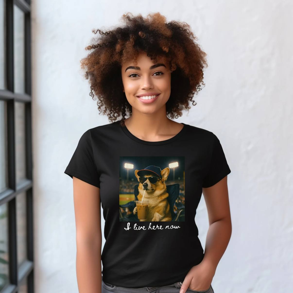 I Live Here Now Corgi Mom Tee Shirt Baseball Mama Ice Coffee Funny Dog Mens
