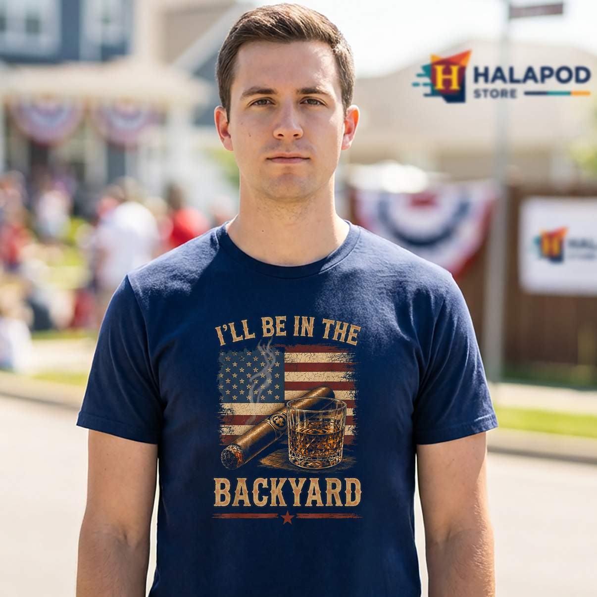 Ill Be In The Backyard Cigar Tee Shirt Vintage USA Flag Bourbon Graphic Men