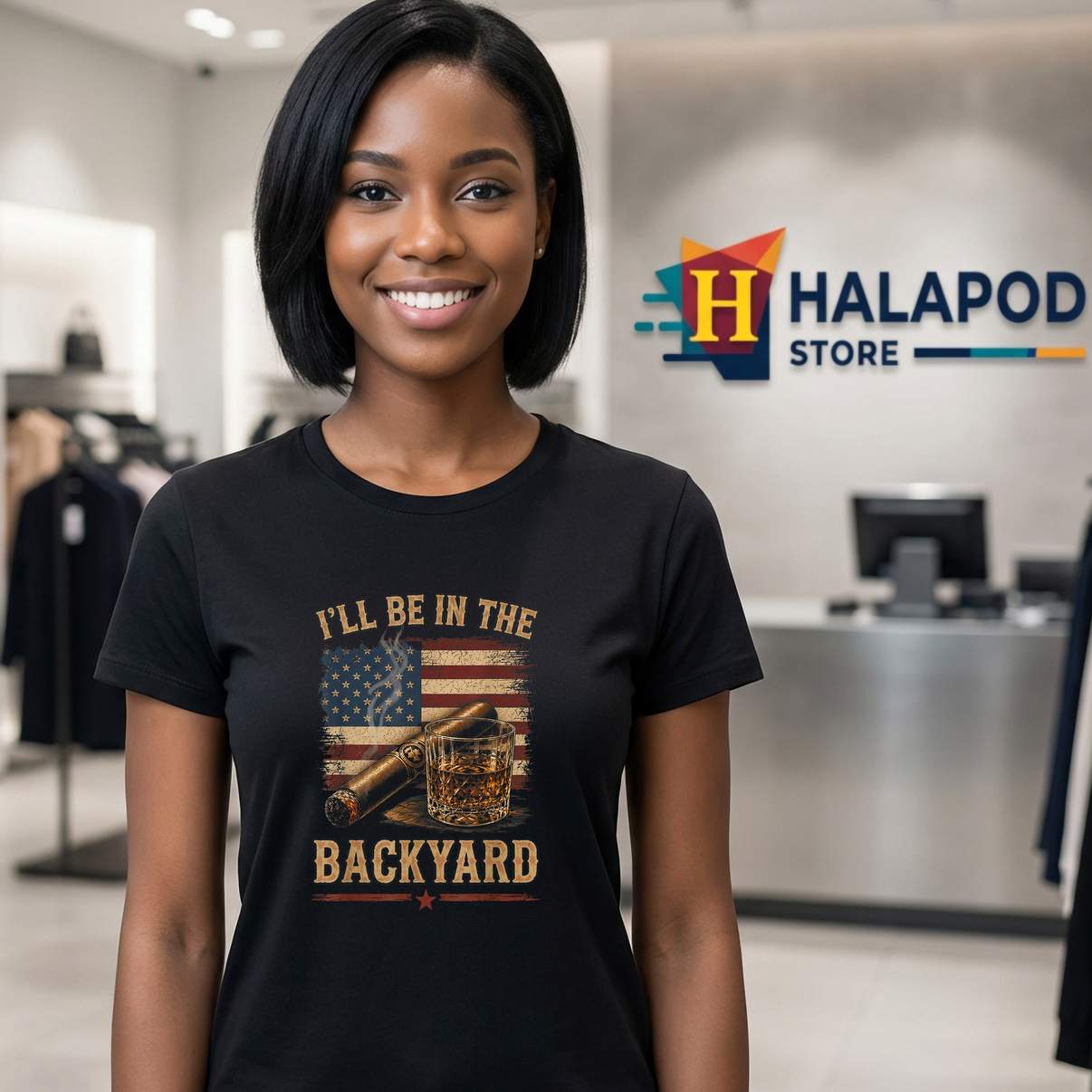 Ill Be In The Backyard Cigar TShirt Vintage USA Flag Bourbon Graphic Men