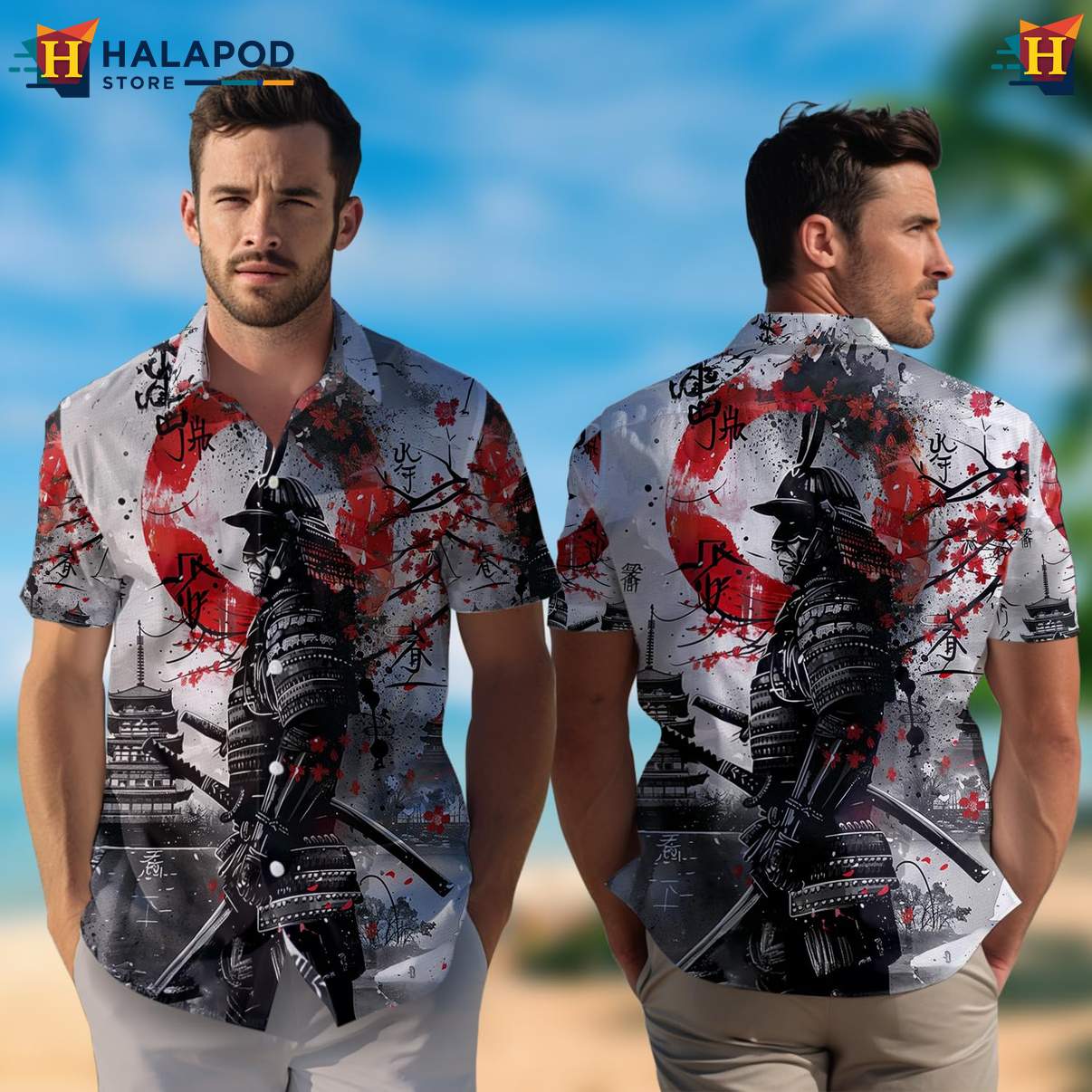 Japanese Samurai Warrior Aloha Shirt Mens Casual Button Down Beach Clothing