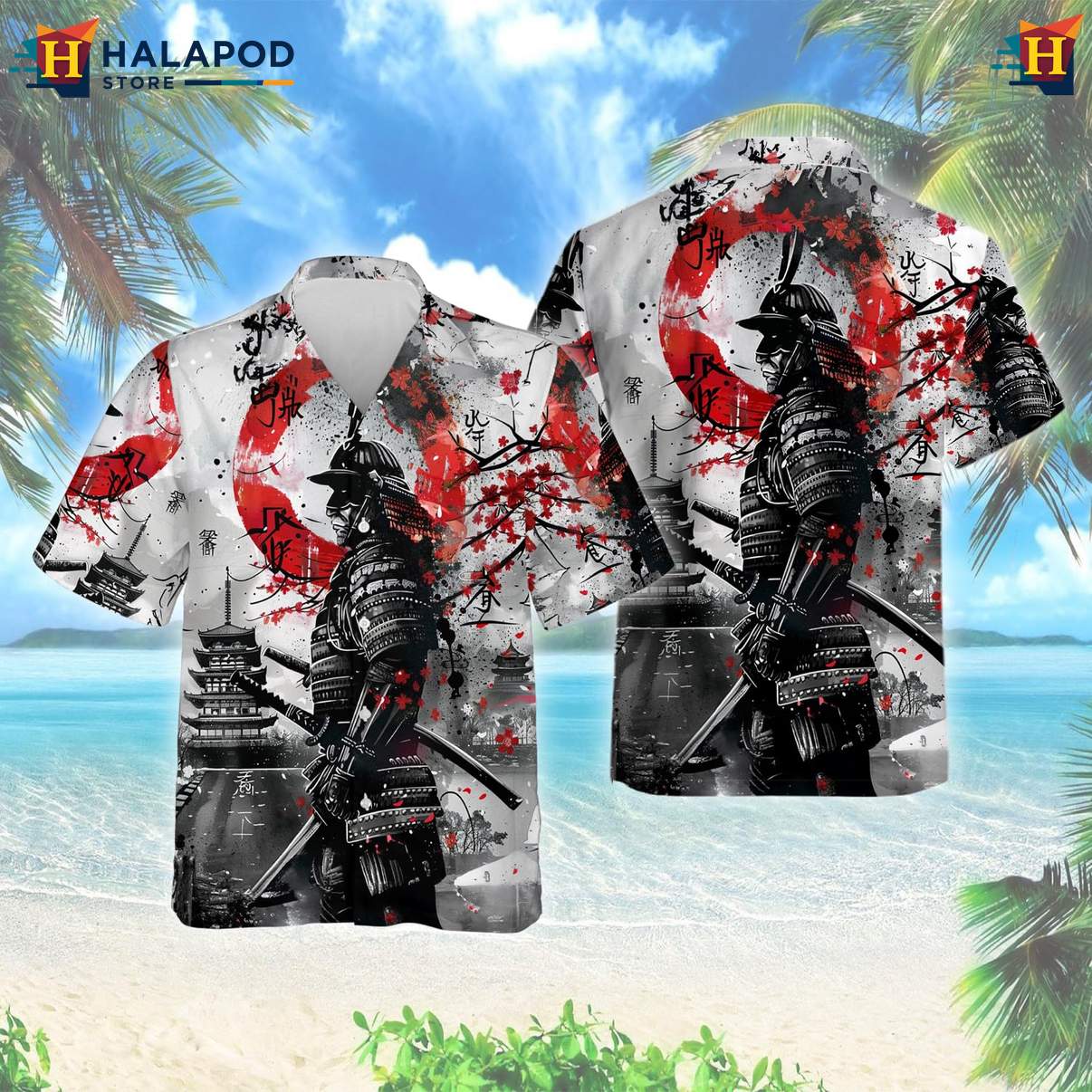 Japanese Samurai Warrior Aloha Shirt Mens Casual Button Down Beach Clothing