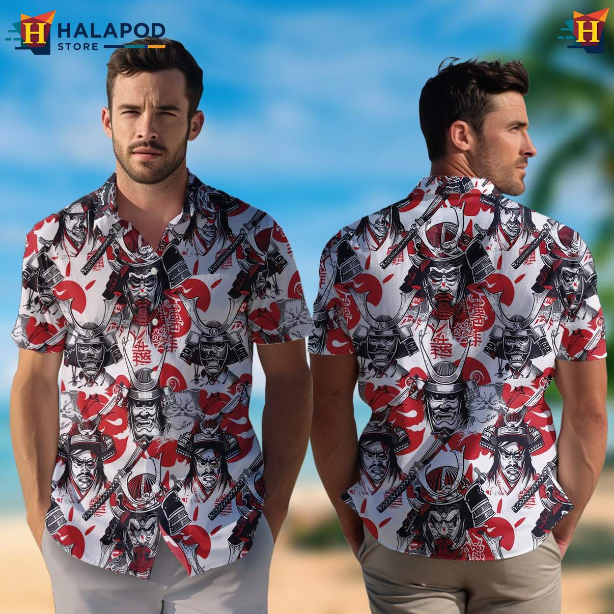 Japanese Warrior Samurai Aloha Shirt Mens Casual Button Down Beach Outfit