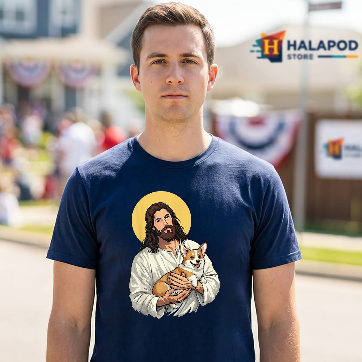 Jesus Holding Corgi Dog Meme T-Shirt Funny Christian Religion Graphic Mens