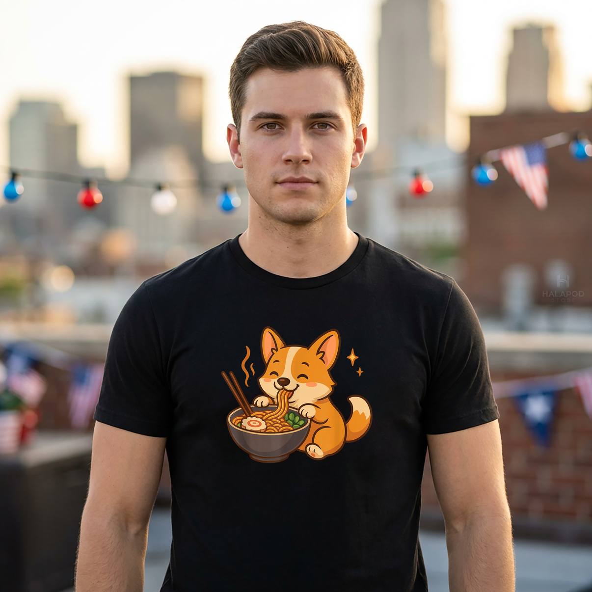 Kawaii Corgi With Noodles T-Shirt Ramen Dog Funny Meme Graphic Apparel Men
