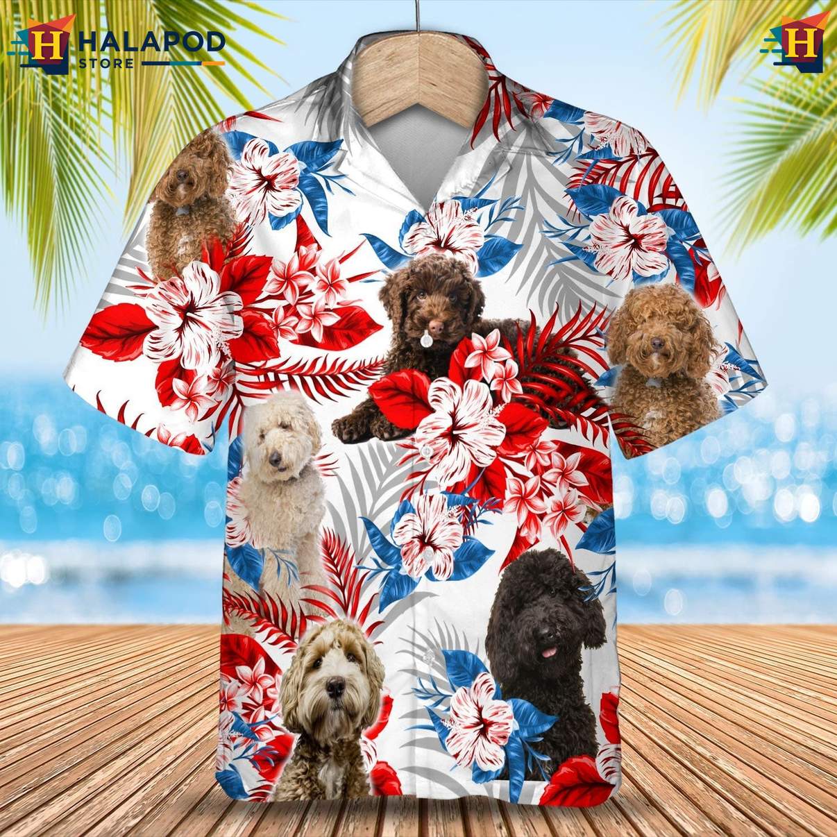 Labradoodle Dog Tropical Aloha T-Shirt Mens Hawaiian Leaf Button Down Outfit