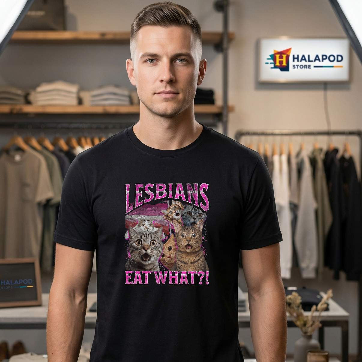 Lesbians Eat What Funny Cat TShirt Gay Pride LGBTQ Pun Bootleg Graphic Mens