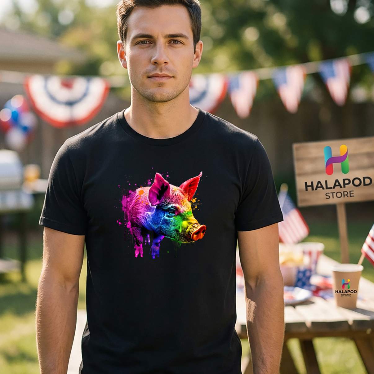 LGBT Watercolor Pig Gay TShirt Pride Rainbow Flag Month Funny Graphic For Mens