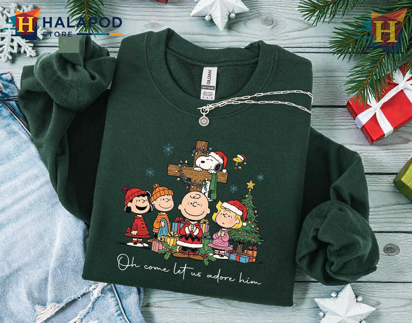 Matching Christmas Shirt Peanuts Snoopy Christian Adore Him Holiday Cartoon Tee
