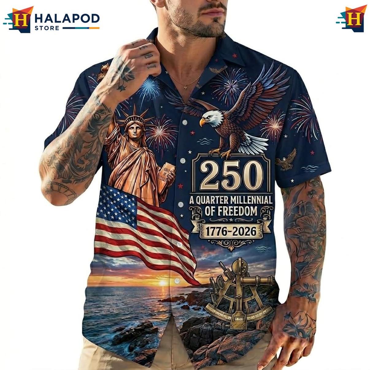 Mens Independence Day 4th Of July Tee Shirt Hawaiian Short Sleeve Button Down