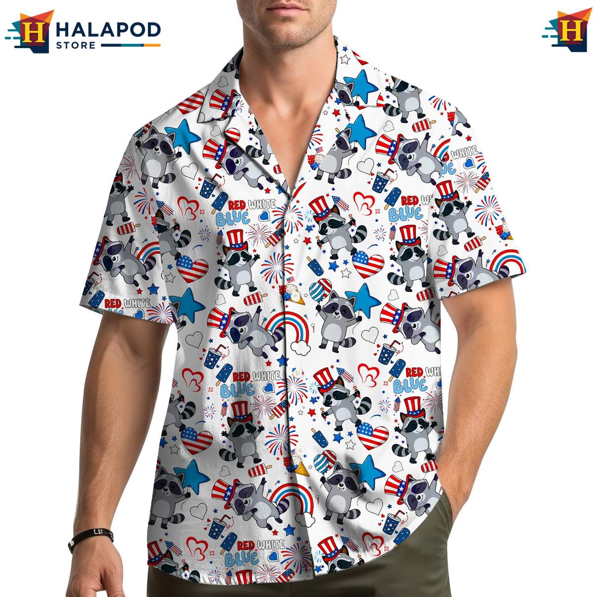 Mens Patriotic Raccoon Hawaiian Shirt USA Flag 4th Of July Button Down Tops