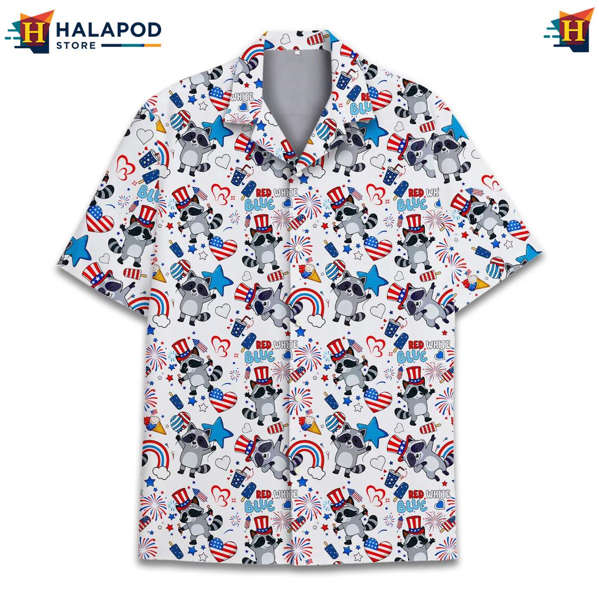 Mens Patriotic Raccoon Short-sleeve button-up shirt USA Flag 4th Of July Button Down Tops