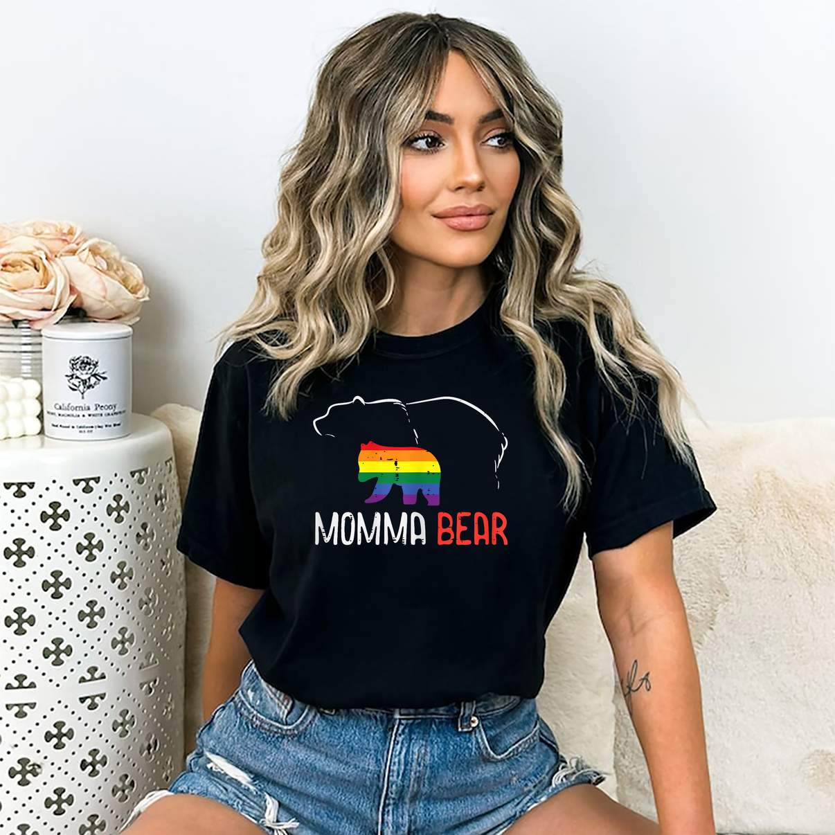 Momma Bear Rainbow Pride Tee Shirt Gay Ally Flag LGBTQ Mom Mama Graphic For Women