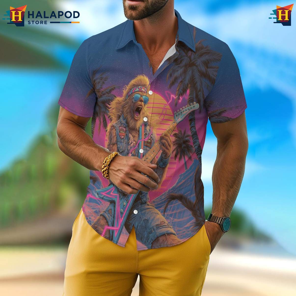 Music Bigfoot Mens Funny Aloha Shirt Retro Graphic Aloha Summer Outfits
