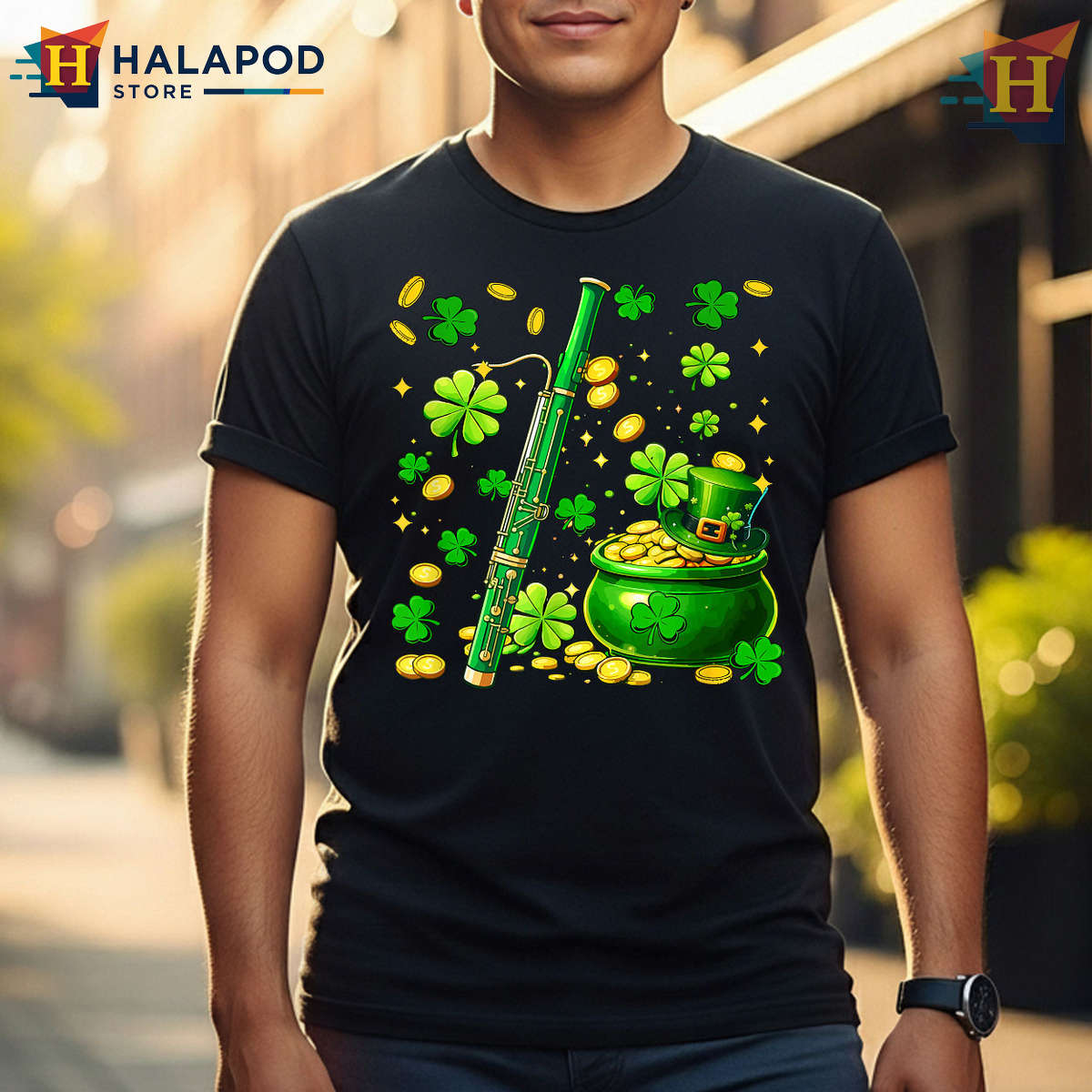 Musician Shamrock Coin Tee T Shirt St Patricks Day Bassoon Player Gift