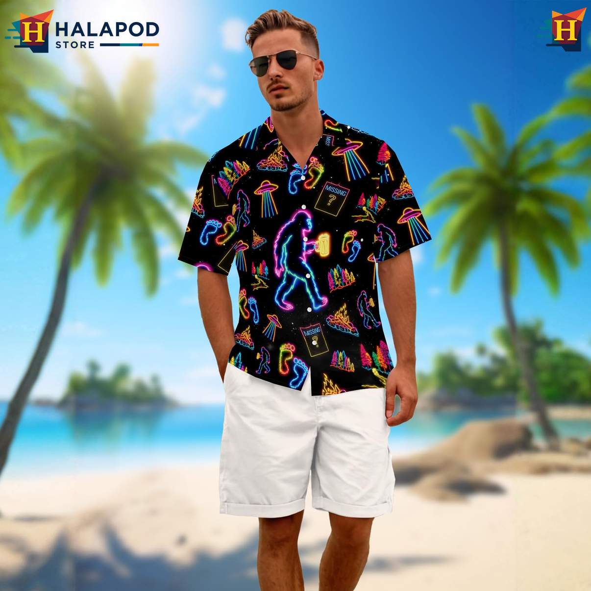 Neon Bigfoot Mens Funny Short-sleeve button-up shirt Retro Graphic Aloha Summer Clothing
