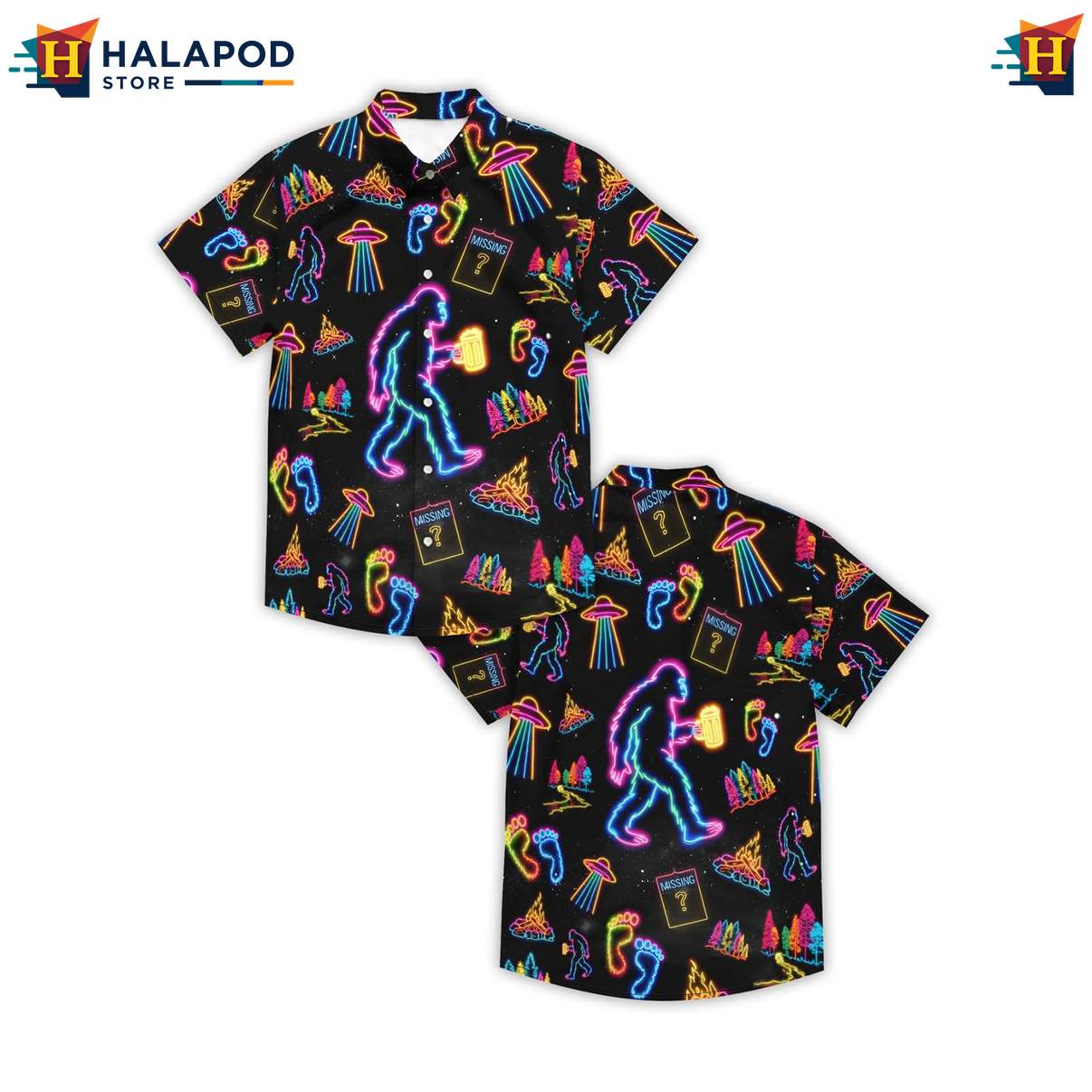Neon Bigfoot Mens Funny Tropical Shirt Retro Graphic Aloha Summer Clothing