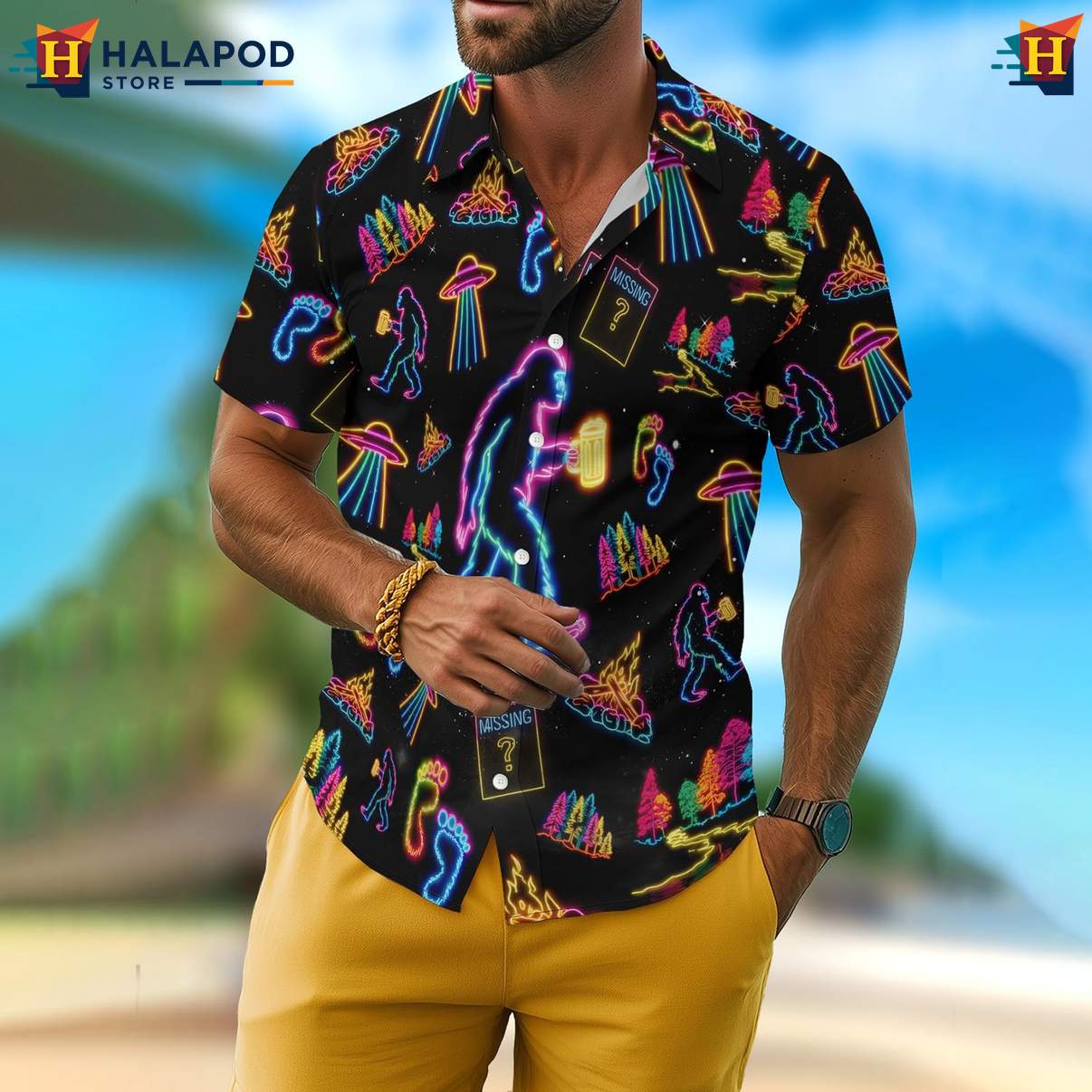 Neon Bigfoot Mens Funny Aloha Shirt Retro Graphic Aloha Summer Clothing