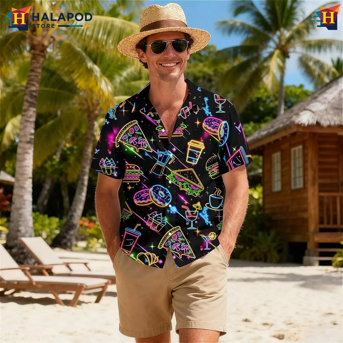 Neon Food Funny Tropical Short-sleeve button-up shirt Short Sleeve Floral Button Down